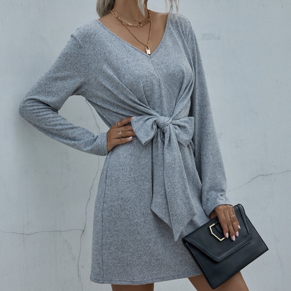 Boho Grey V neck Knot Front Long Sleeve Dress - Picture 3 of 5
